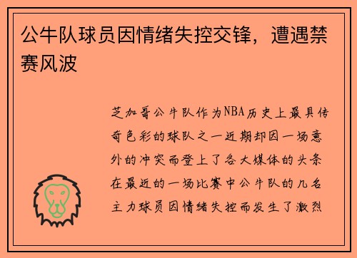 公牛队球员因情绪失控交锋，遭遇禁赛风波