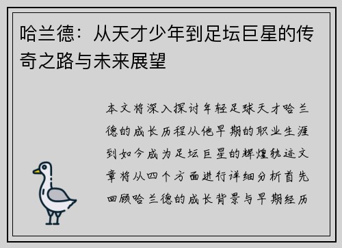 哈兰德：从天才少年到足坛巨星的传奇之路与未来展望